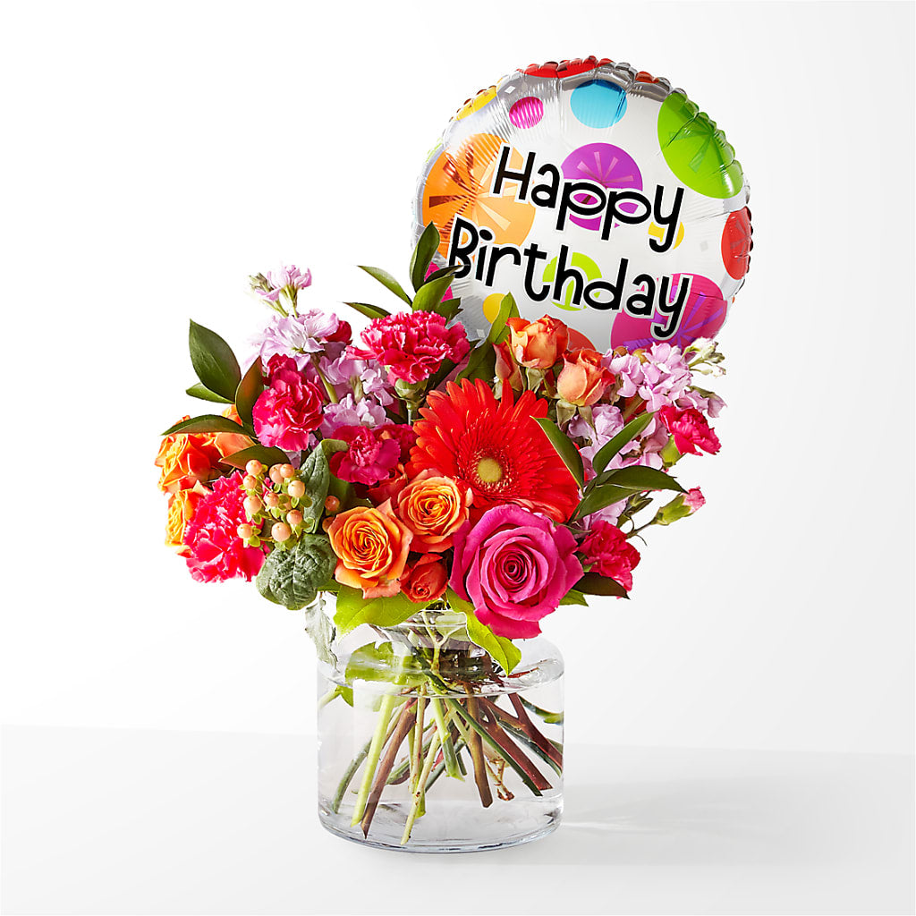 Fiesta Bouquet with Birthday Balloon – Janette Florists Inc, Windsor ON