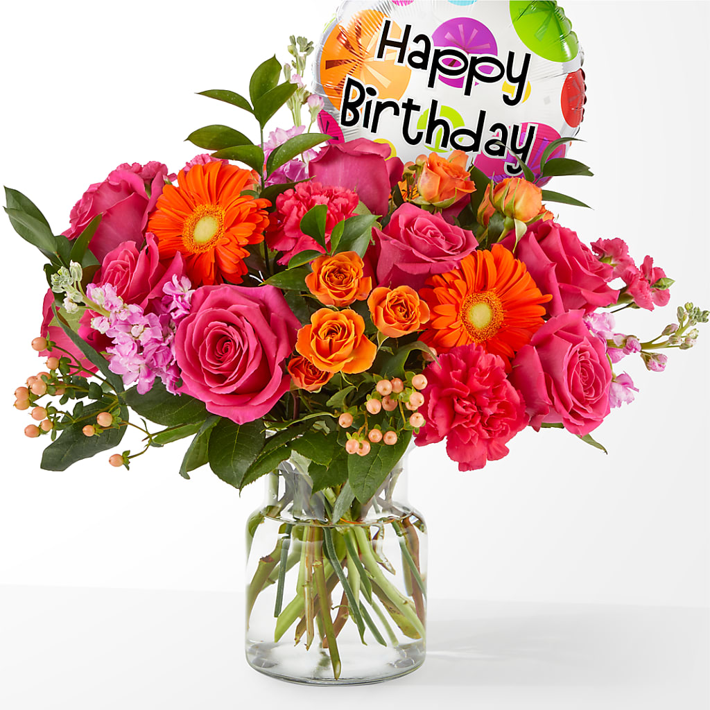 Fiesta Bouquet with Birthday Balloon – Janette Florists Inc, Windsor ON