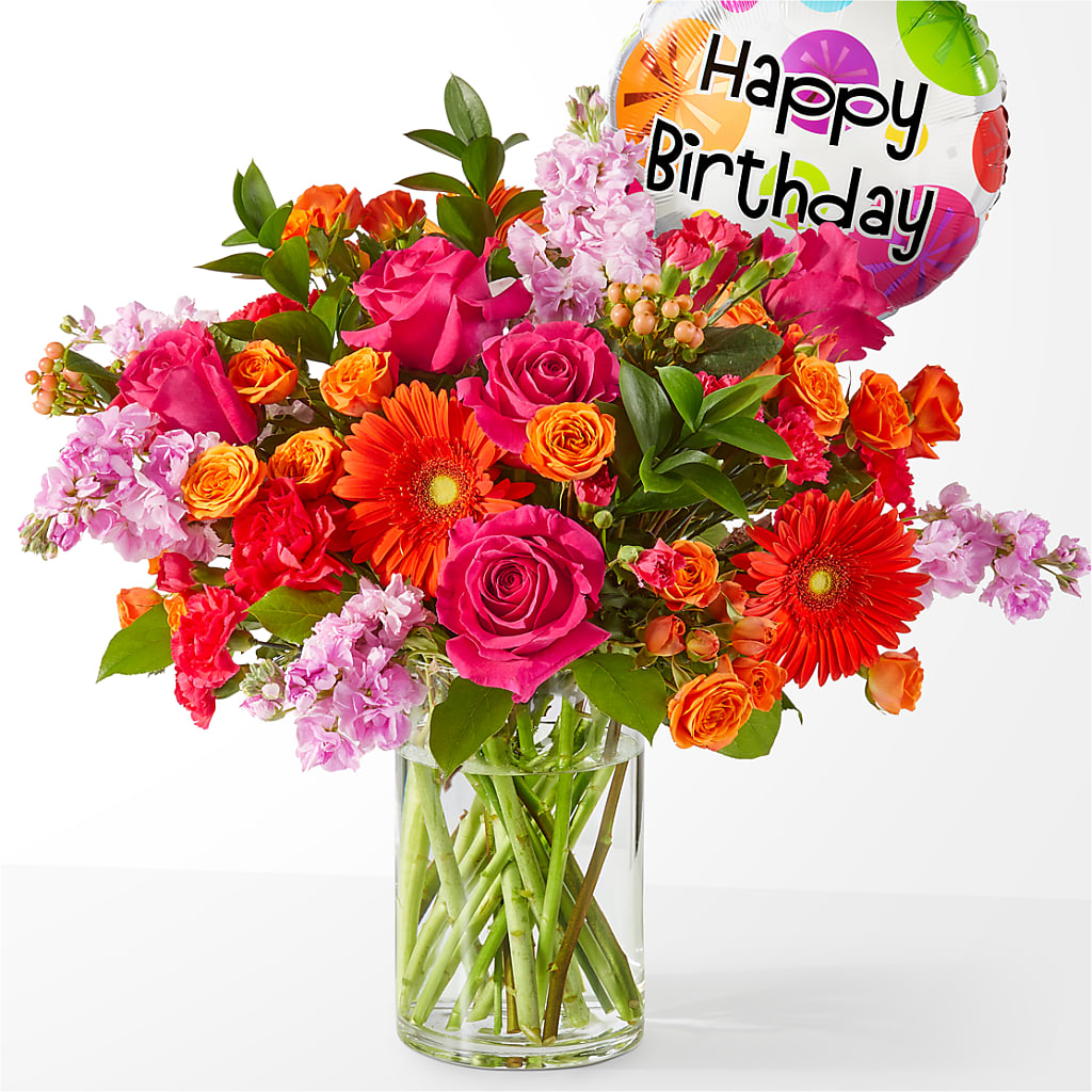 Fiesta Bouquet with Birthday Balloon – Janette Florists Inc, Windsor ON