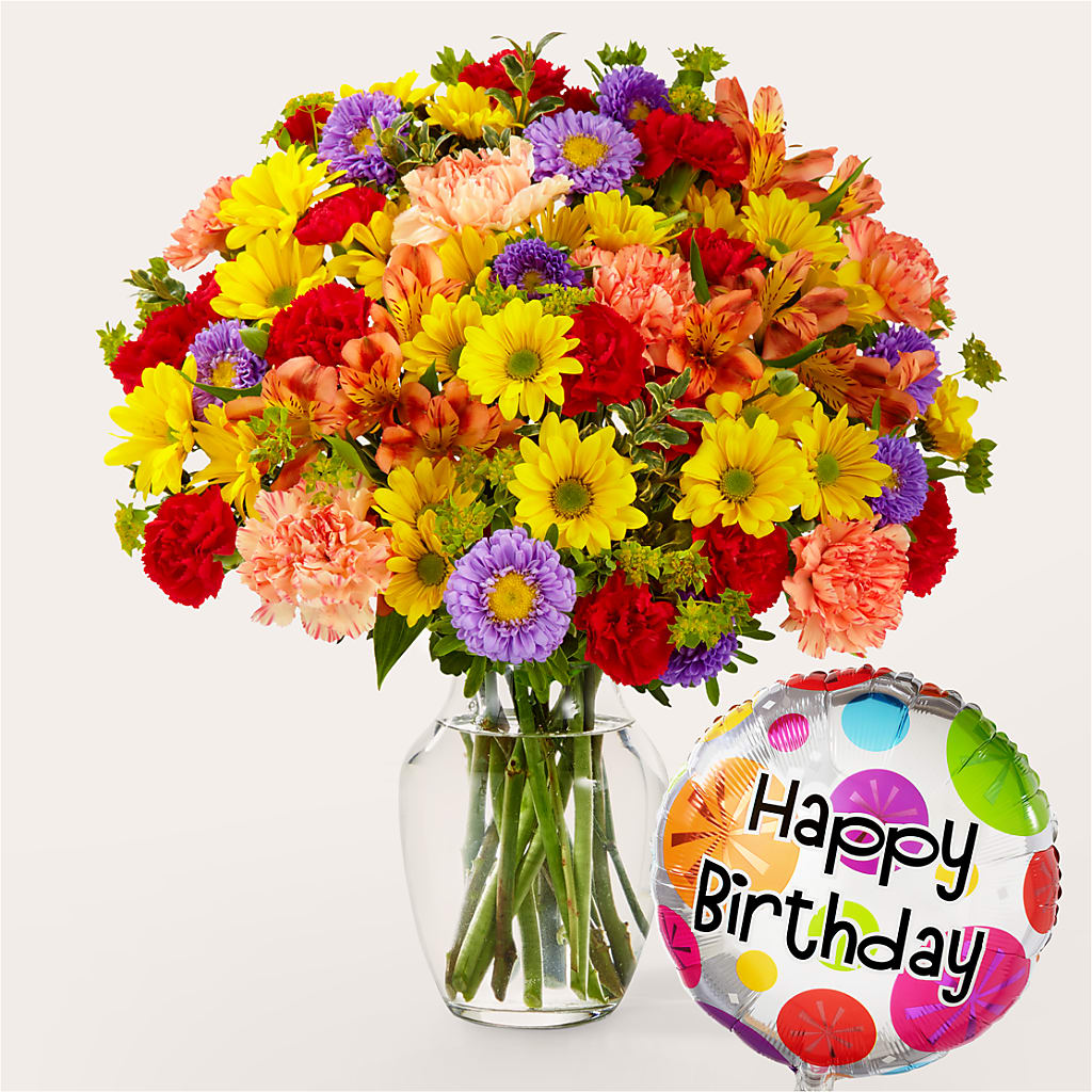 Kaleidoscope Bouquet with Birthday Balloon – Janette Florists Inc, Windsor ON