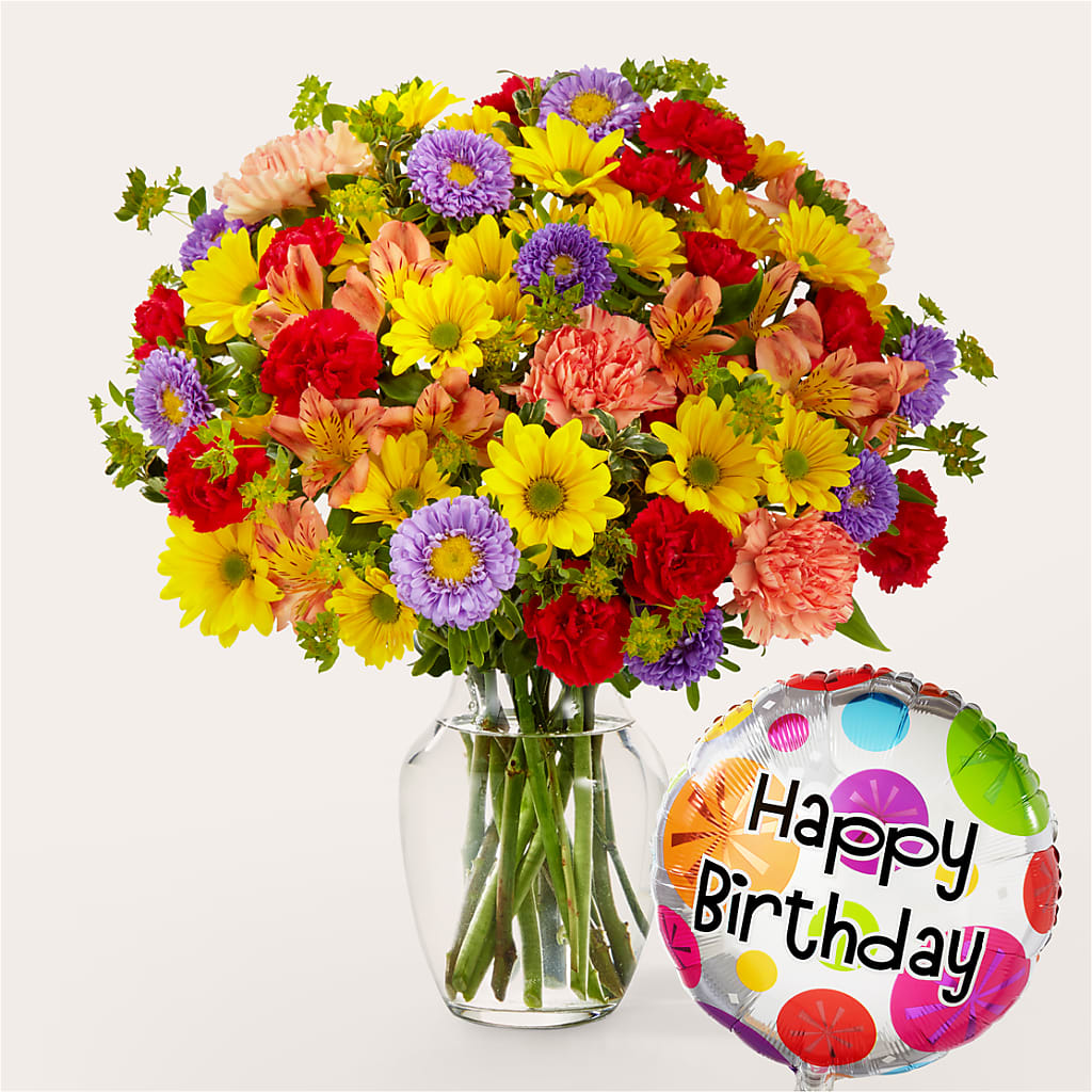 Kaleidoscope Bouquet with Birthday Balloon – Janette Florists Inc, Windsor ON