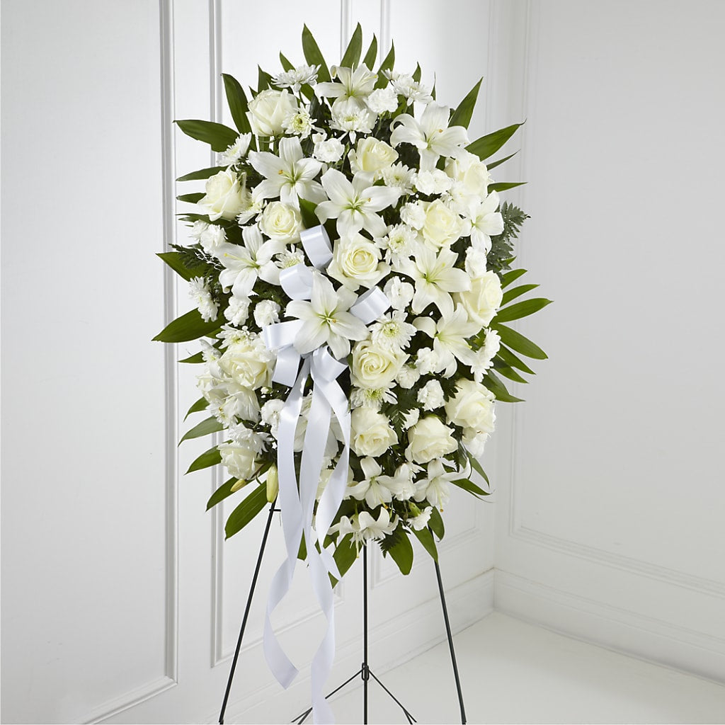 Exquisite Tribute Standing Spray-White Ribbon – Janette Florists Inc, Windsor ON